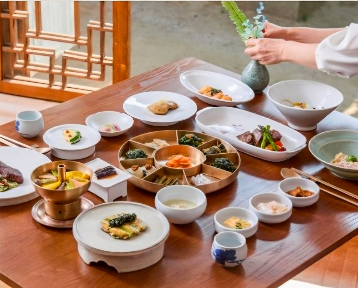 Korean Jongga royal cuisine table set with brass and porcelain dishes