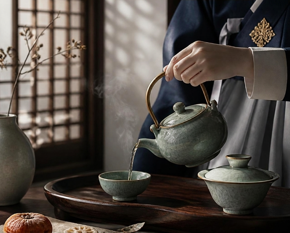 Jongbu in hanbok pouring tea from a celadon teapot in a hanok