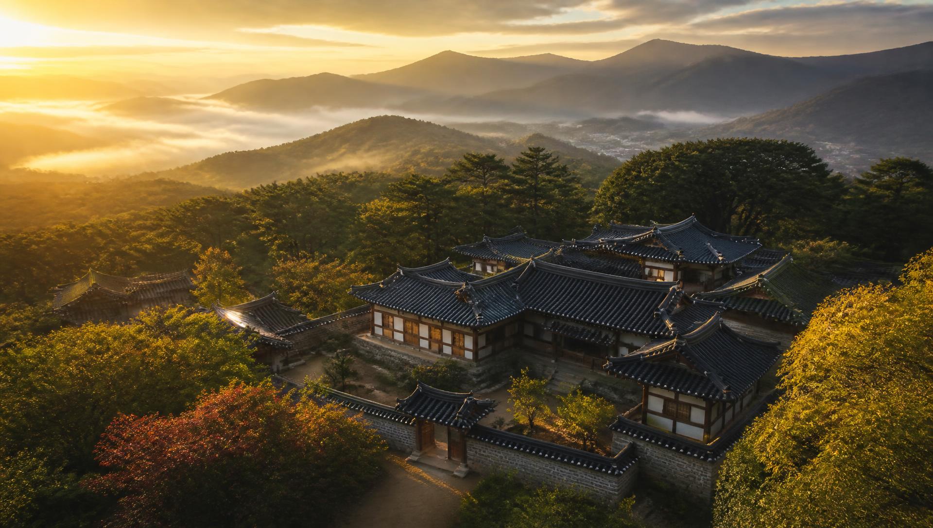 Korean head-family hanok house courtyard at golden hour