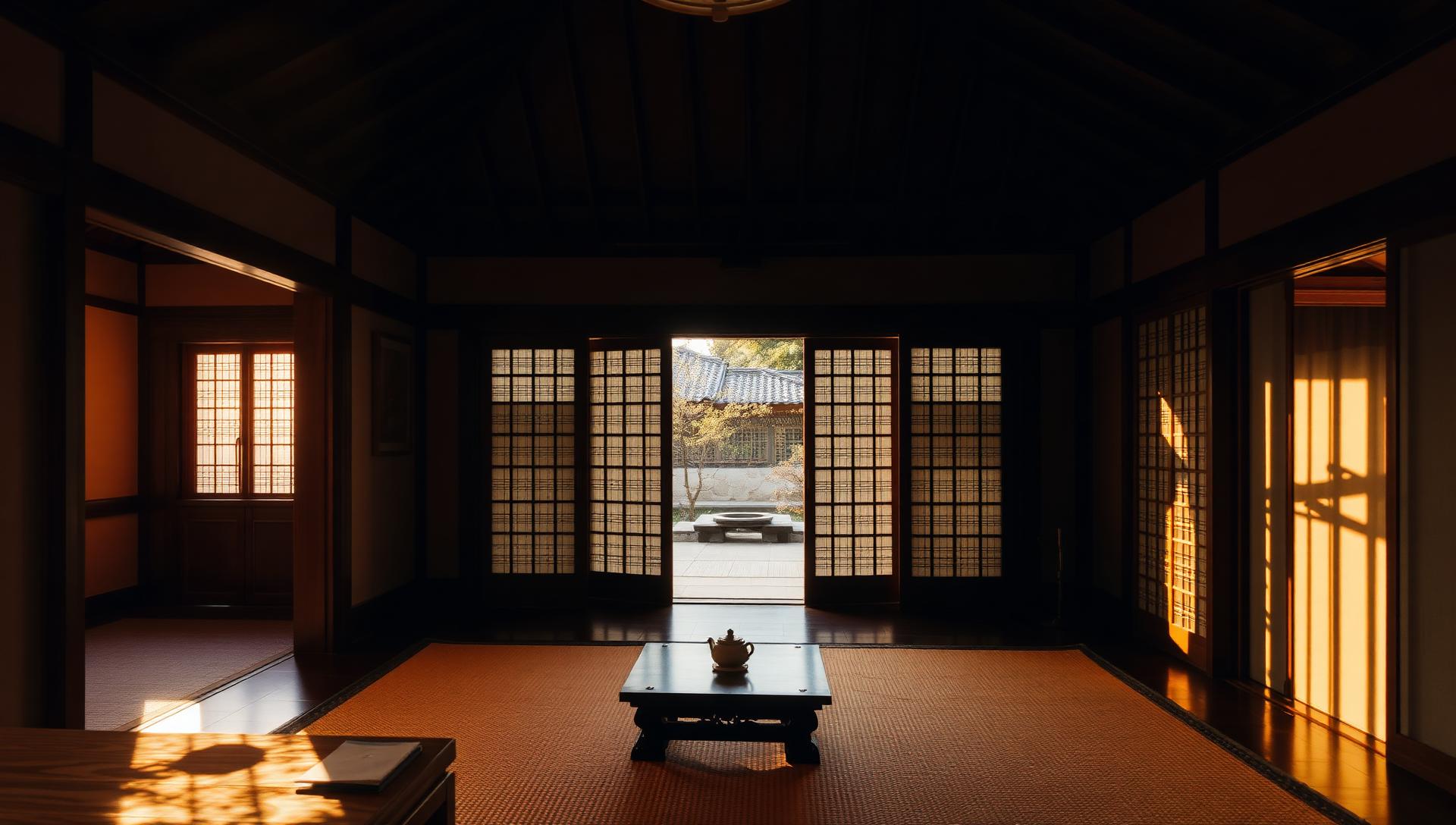 Traditional hanok sarangchae interior with warm timber and paper doors